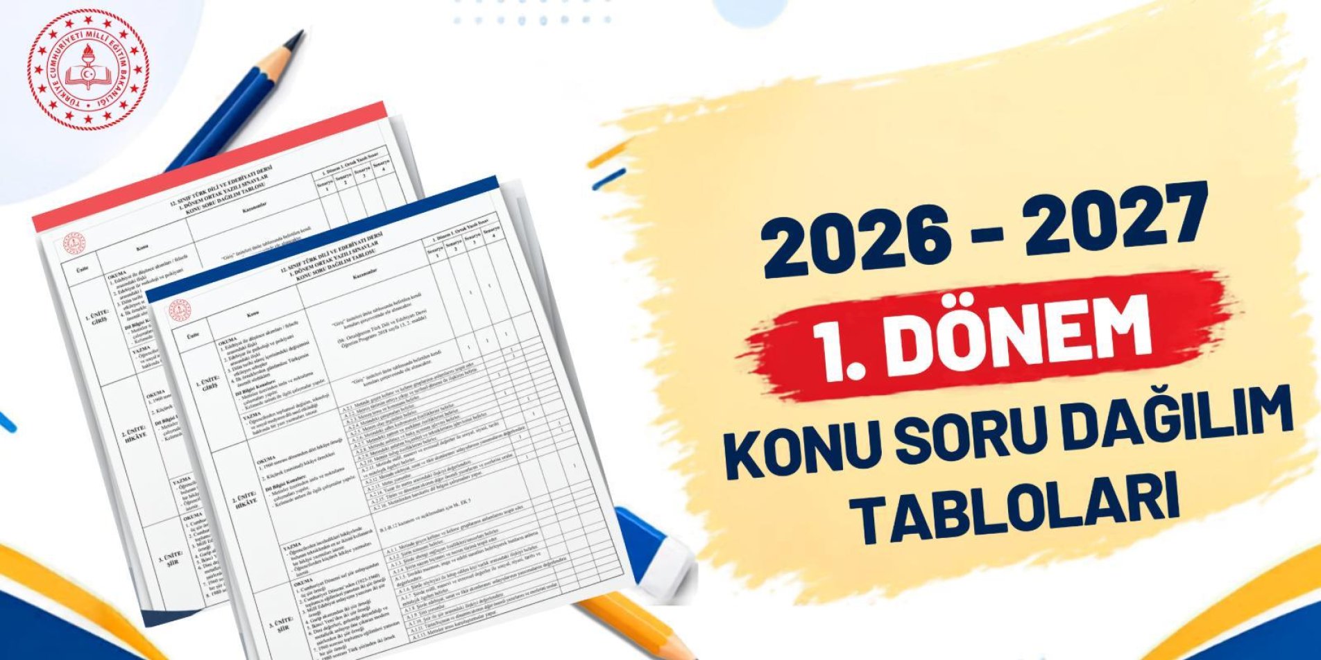 Birinci Dönem Ortak Yazılı Sınavlarının Konu-soru Dağılım Tabloları Yayımlandı